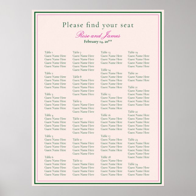 Vivid Pink Wedding Seating Chart (Front)