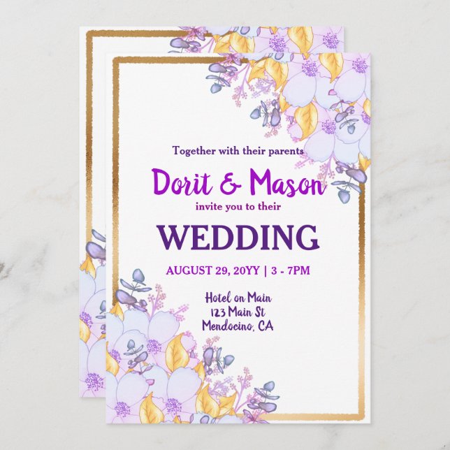 Vivid Purple and Gold Floral Gold Framed Invitation (Front/Back)