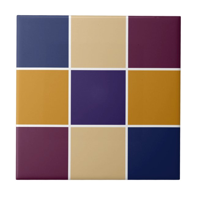 Vivid purple blues and golds on black grid ceramic tile (Front)