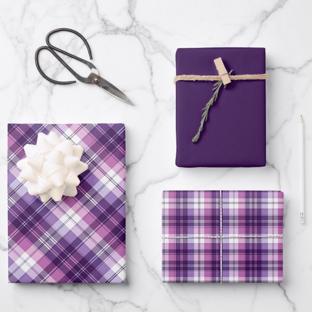 Vivid Purples, Pinks & White Plaid Wrapping Paper Sheet (Front)