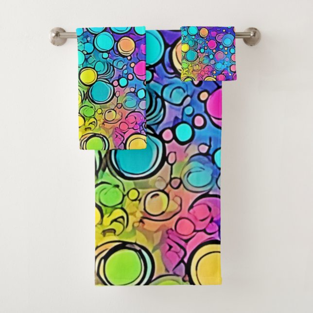 Vivid Rainbow Bubble Abstraction Bath Towel Set (Insitu)
