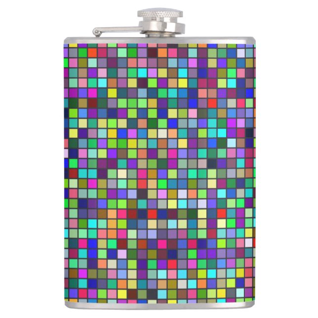 Vivid Rainbow Colours And Pastels Squares Pattern Hip Flask (Front)