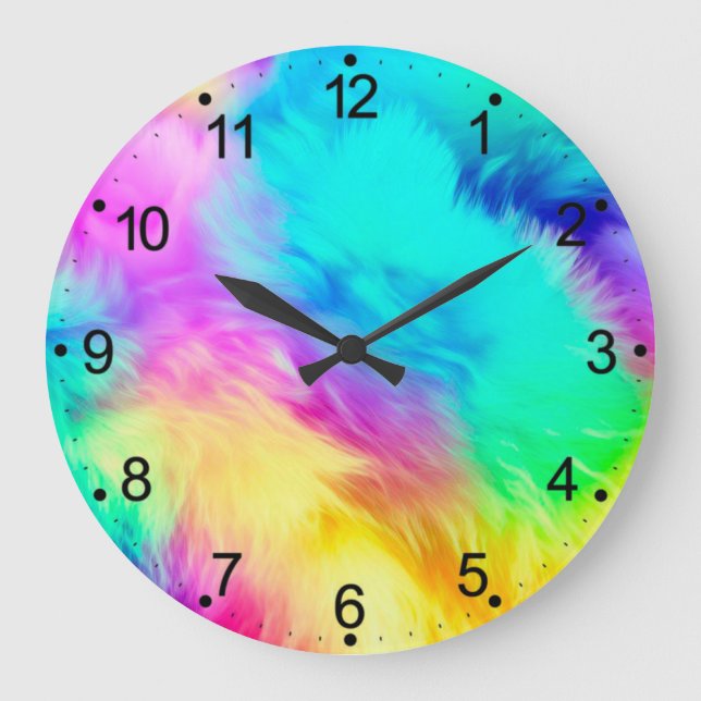 Vivid Rainbow Fluffy Fur Texture Background Design Large Clock (Front)