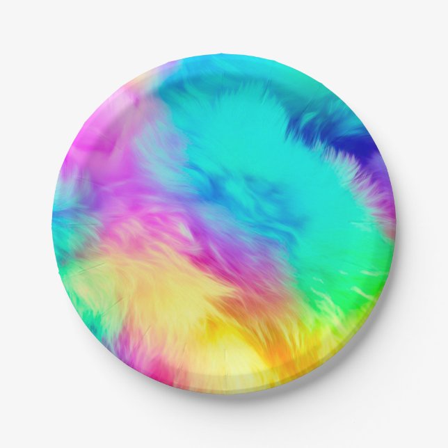 Vivid Rainbow Fluffy Fur Texture Background Design Paper Plate (Front)