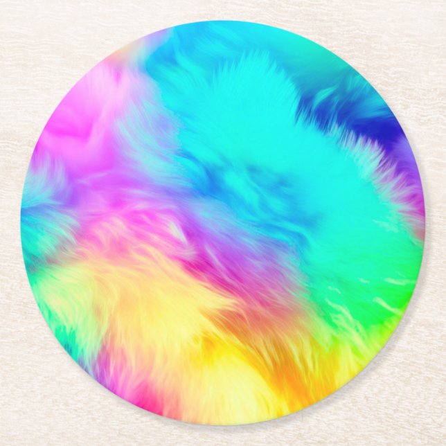 Vivid Rainbow Fluffy Fur Texture Background Design Round Paper Coaster (Front)