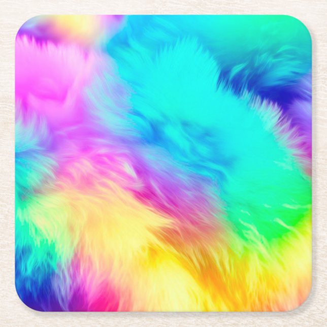 Vivid Rainbow Fluffy Fur Texture Background Design Square Paper Coaster (Front)