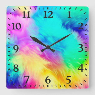 Vivid Rainbow Fluffy Fur Texture Background Design Square Wall Clock