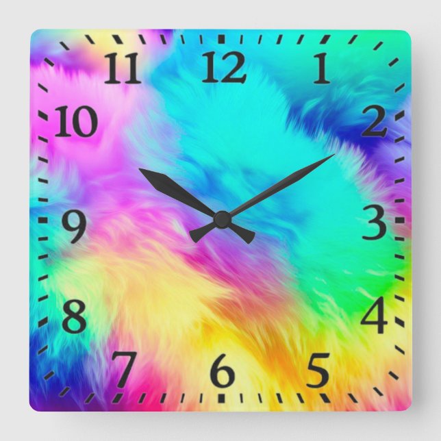 Vivid Rainbow Fluffy Fur Texture Background Design Square Wall Clock (Front)