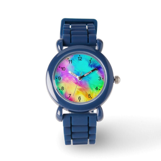 Vivid Rainbow Fluffy Fur Texture Background Design Watch (Front)