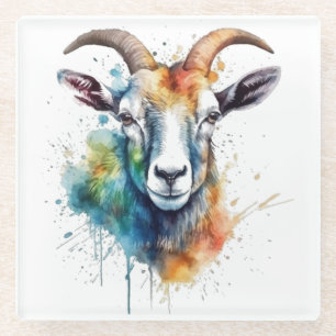 Vivid Rainbow Goat Portrait Glass Coaster