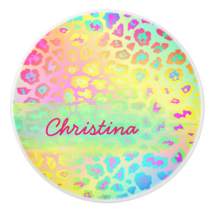 Vivid rainbow leopard pattern custom name ceramic knob