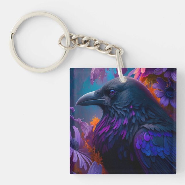 Vivid Rainbow Raven Art Keychain (Front)