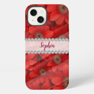 Vivid Red 3D flowers, diamond frame custom iPhone 13 Case