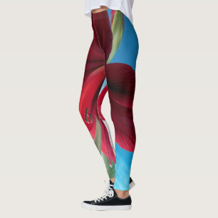 Vivid red Amaryllis Flower, blue background WOW Leggings