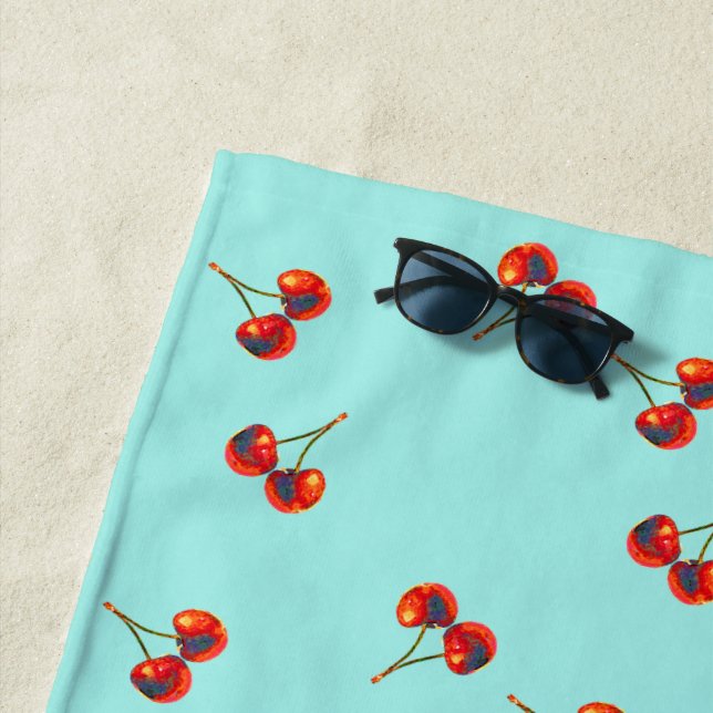 Vivid Red Cherry Pattern Beach Towel (In Situ)
