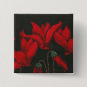 Vivid red Cyclamen on a dark black background 15 Cm Square Badge