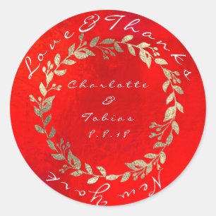Vivid Red Gold Champaign Wedding Thanks Metallic Classic Round Sticker
