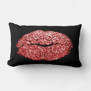 Vivid Red Lips Glitter Black Makeup Kiss Lumbar Cushion