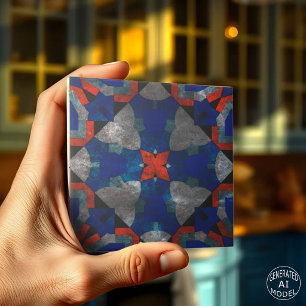 Vivid Red Starburst with Soothing Blue Accents Ceramic Tile