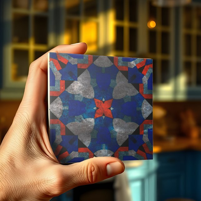Vivid Red Starburst with Soothing Blue Accents Ceramic Tile (Creator Uploaded)