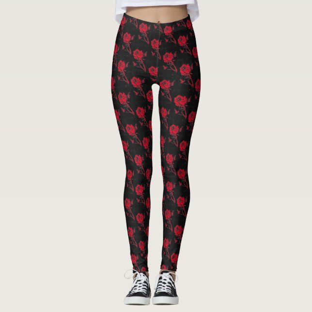 Vivid Red woodcut tiled rose on a black background Leggings (Front)