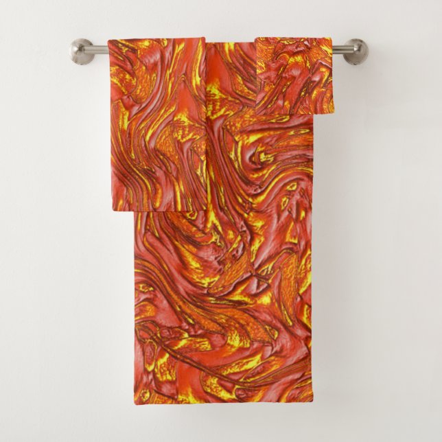 Vivid reddish texture with tones of yellow bath towel set (Insitu)