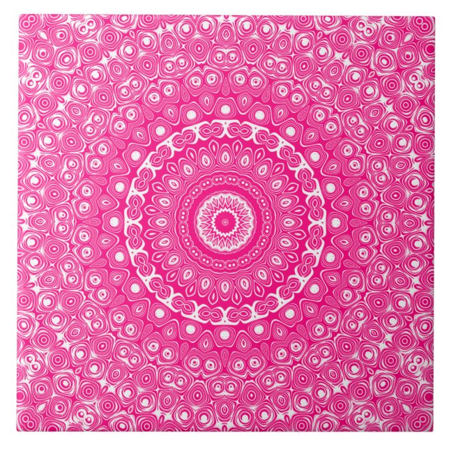 Vivid Rose Pink Mandala Pattern Ceramic Tile (Front)