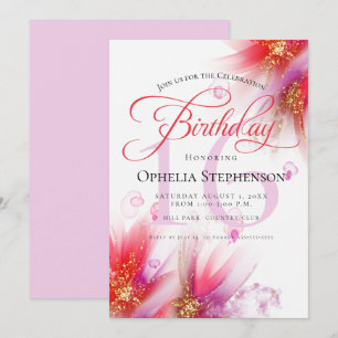 Vivid Scarlet Lilac Abstract Floral Birthday Invitation