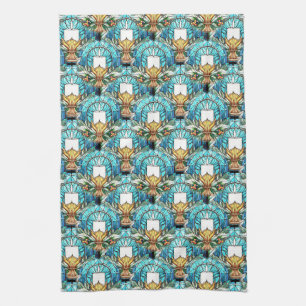 Vivid Stained Glass Holly And Candle Pattern Tea Towel