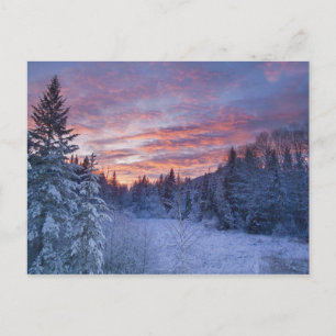 Vivid sunset paints the sky above wintery postcard