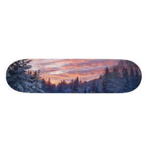 Vivid sunset paints the sky above wintery skateboard