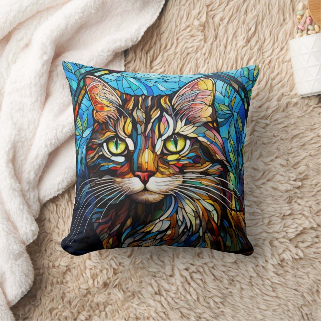 Vivid Tabby Cat Stained Glass Style Cushion (Blanket)