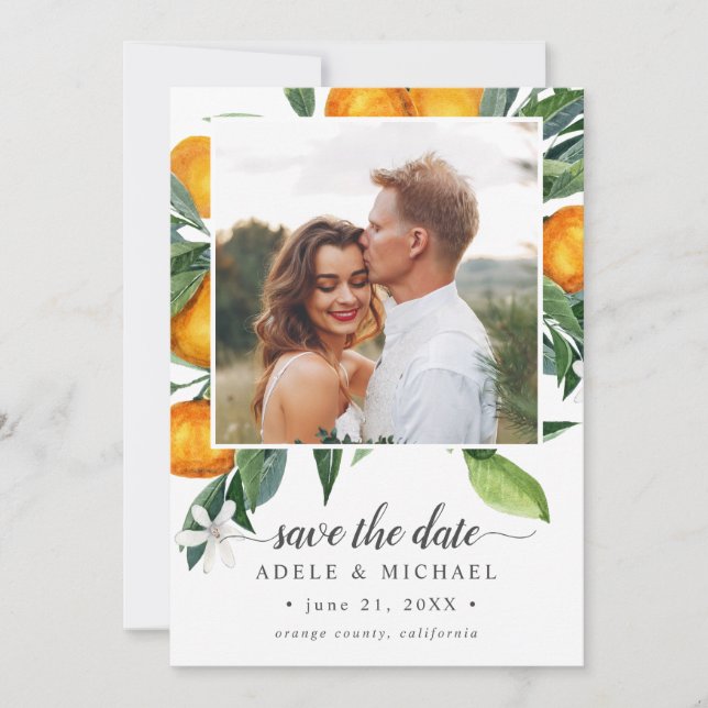 Vivid Tangerine Orange Bouquet photo save the date (Front)