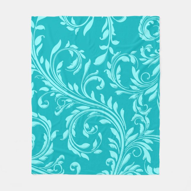 Vivid teal aqua floral swirl damask fleece blanket (Front)