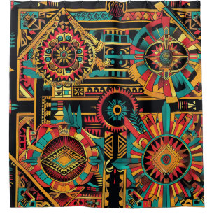 Vivid Teal "Aztec Dream" Chic Bathroom Shower Curt Curtain