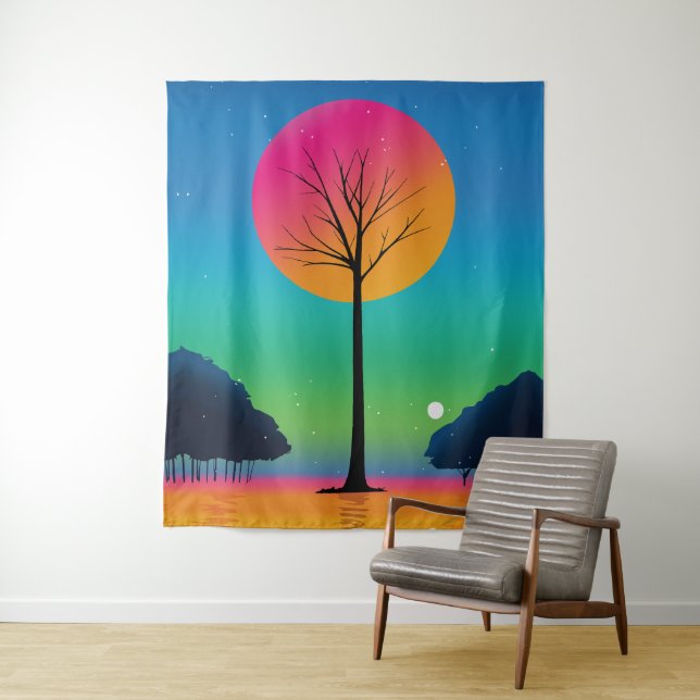 Vivid Tree Beneath a Cosmic Rainbow Sky Tapestry (In Situ)