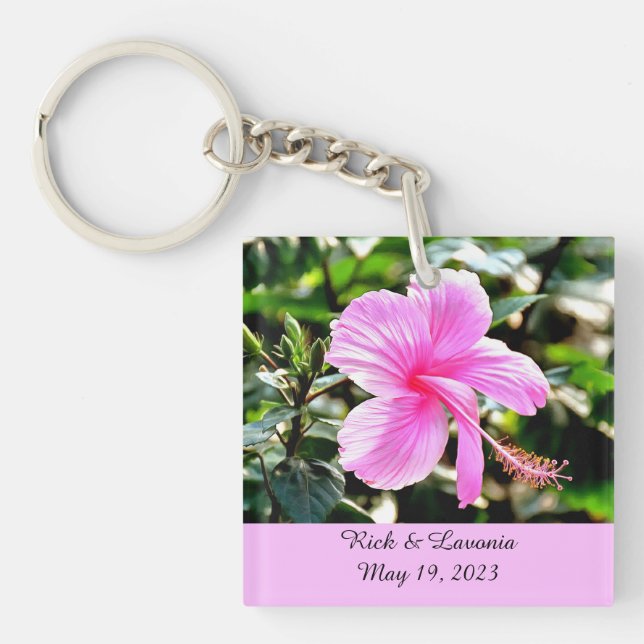 Vivid Tropical Pink Hibiscus Personalised Keychain (Front)