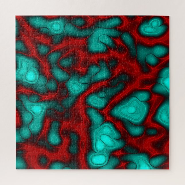 Vivid Turquoise and Coral Red Abstract Art Jigsaw Puzzle (Vertical)