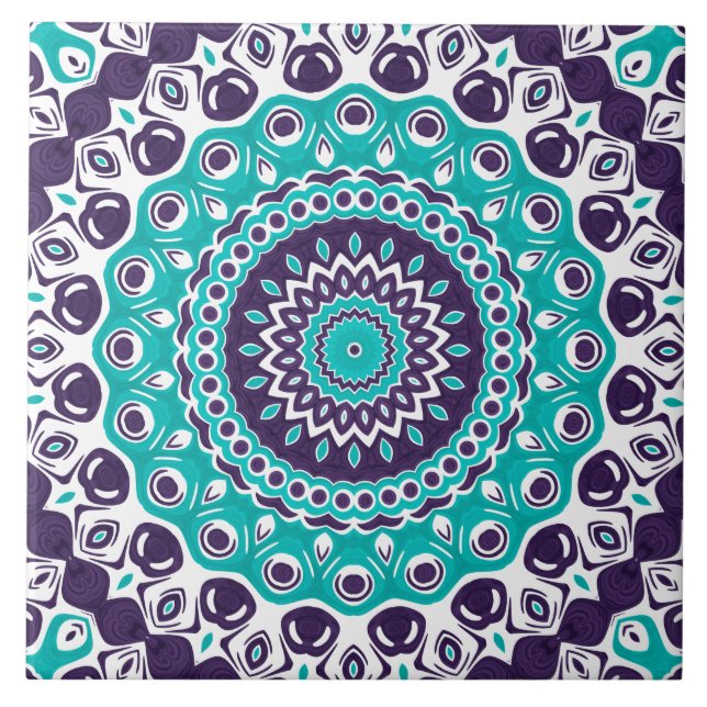 Vivid Turquoise and Plum Mandala Pattern Ceramic Tile (Front)