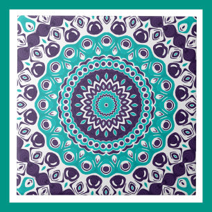 Vivid Turquoise and Plum Mandala Pattern Ceramic Tile