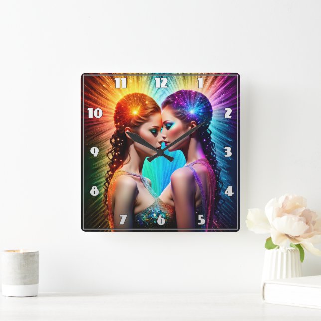 Vivid Twin Portrait With Dramatic Lighting Square Wall Clock (Home)