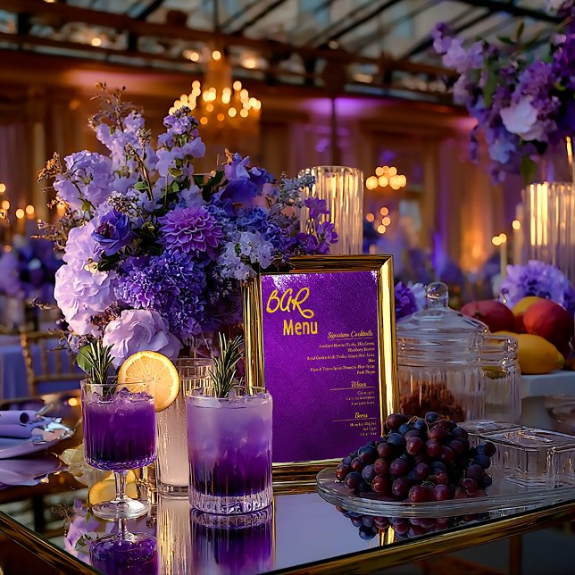 Vivid Violet Purple Wedding Bar Menu Glossy Poster (Striking Violet Purple Ink Splash Wedding Bar Menu )