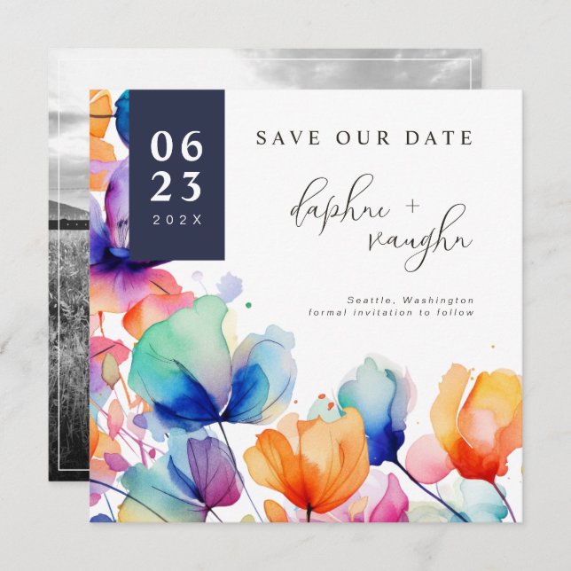 Vivid Watercolor Flowers & Photo Save The Date (Front/Back)