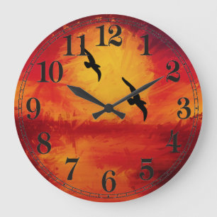 Vivid Watercolor Sunset with Birds Wall Clock