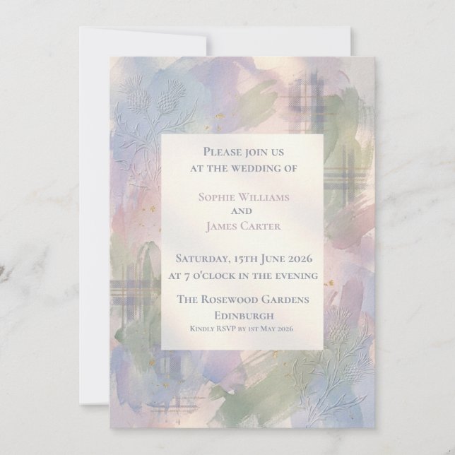 Vivid Watercolour Thistle Tartan Wedding Invitation (Front)
