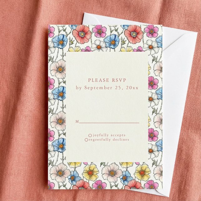 Vivid wild flowers seamless pattern RSVP card (Vivid wild flowers seamless pattern RSVP card.)