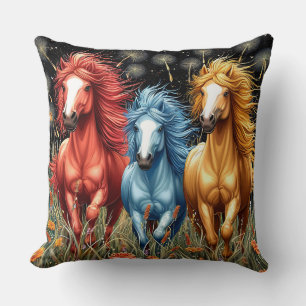 Vividly Coloured Horses Galloping Through A Field Cushion