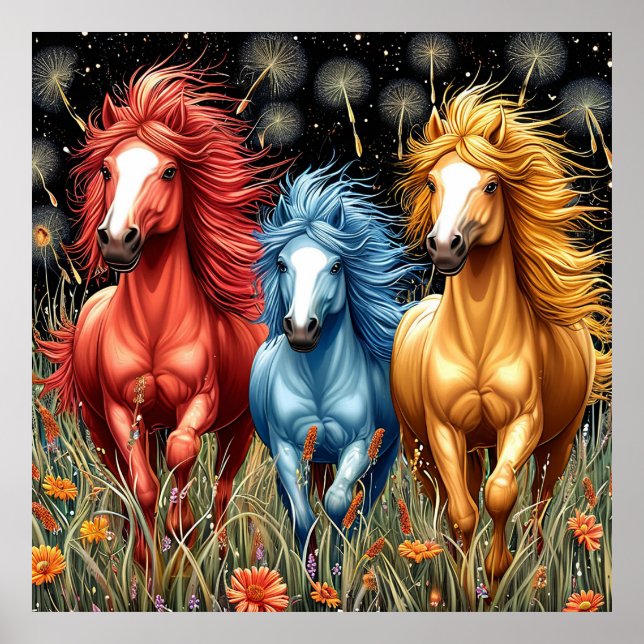 Vividly Coloured Horses Galloping Through A Field Poster (Front)