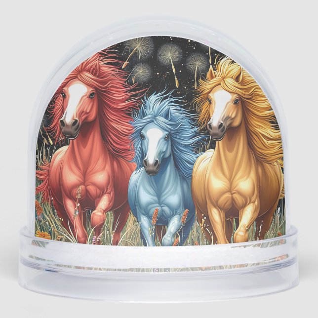 Vividly Coloured Horses Galloping Through A Field Snowglobe (Front)