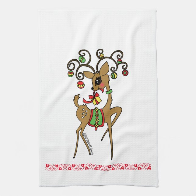 "Vixen" Cute Anime Reindeer Tea Towel (Vertical)
